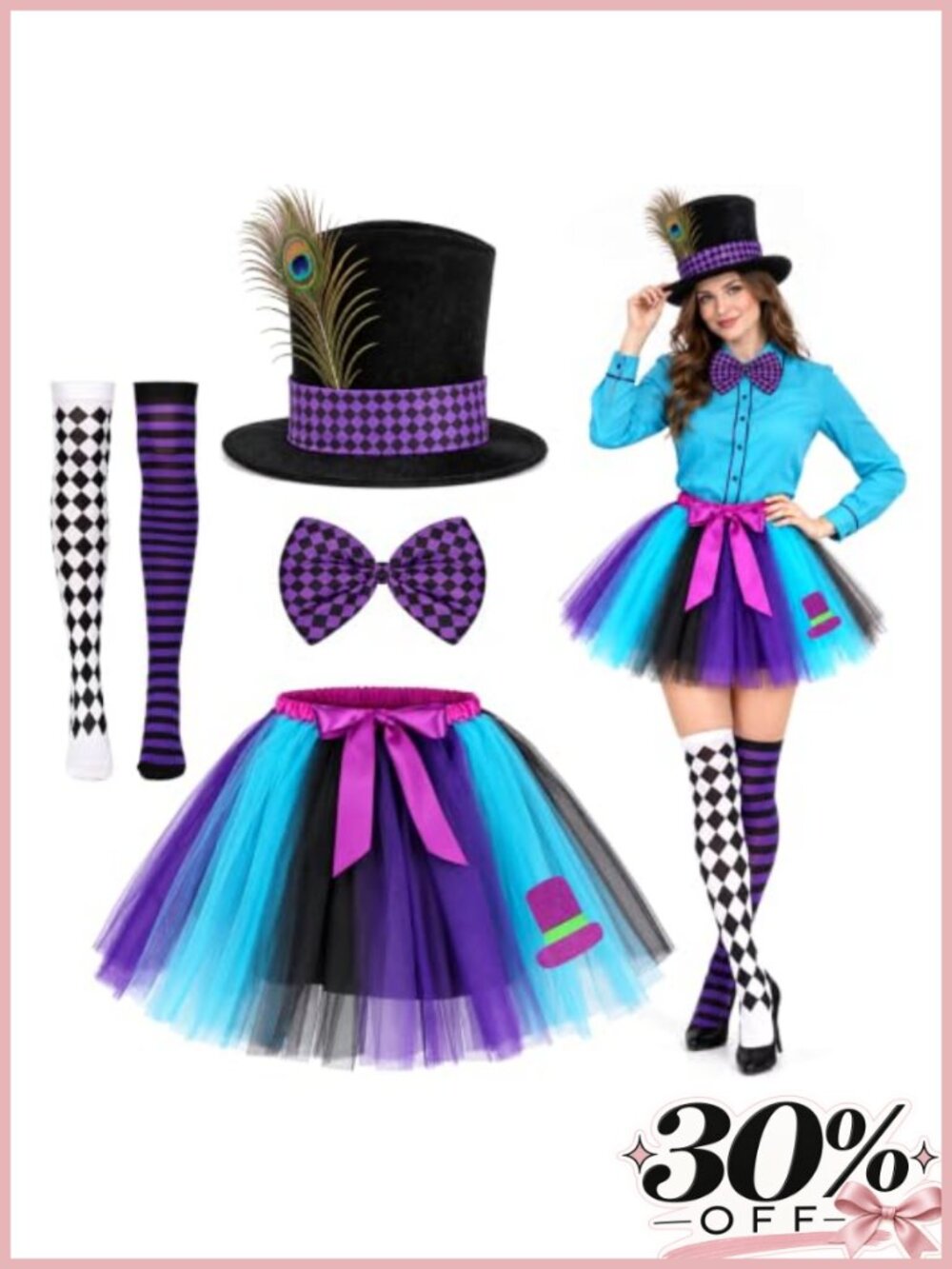 Mad Hatter Costume Set Women 4 Pieces Hat Bow Tie Tutu Skirt Stockings